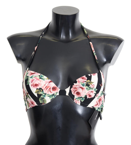 Dolce &amp; Gabbana Multicolor Striped Rose Print Swimwear Bikini Tops