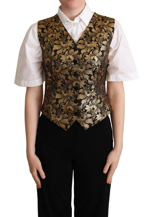 Dolce &amp; Gabbana Black Gold Jacquard Silk Waistcoat Vest