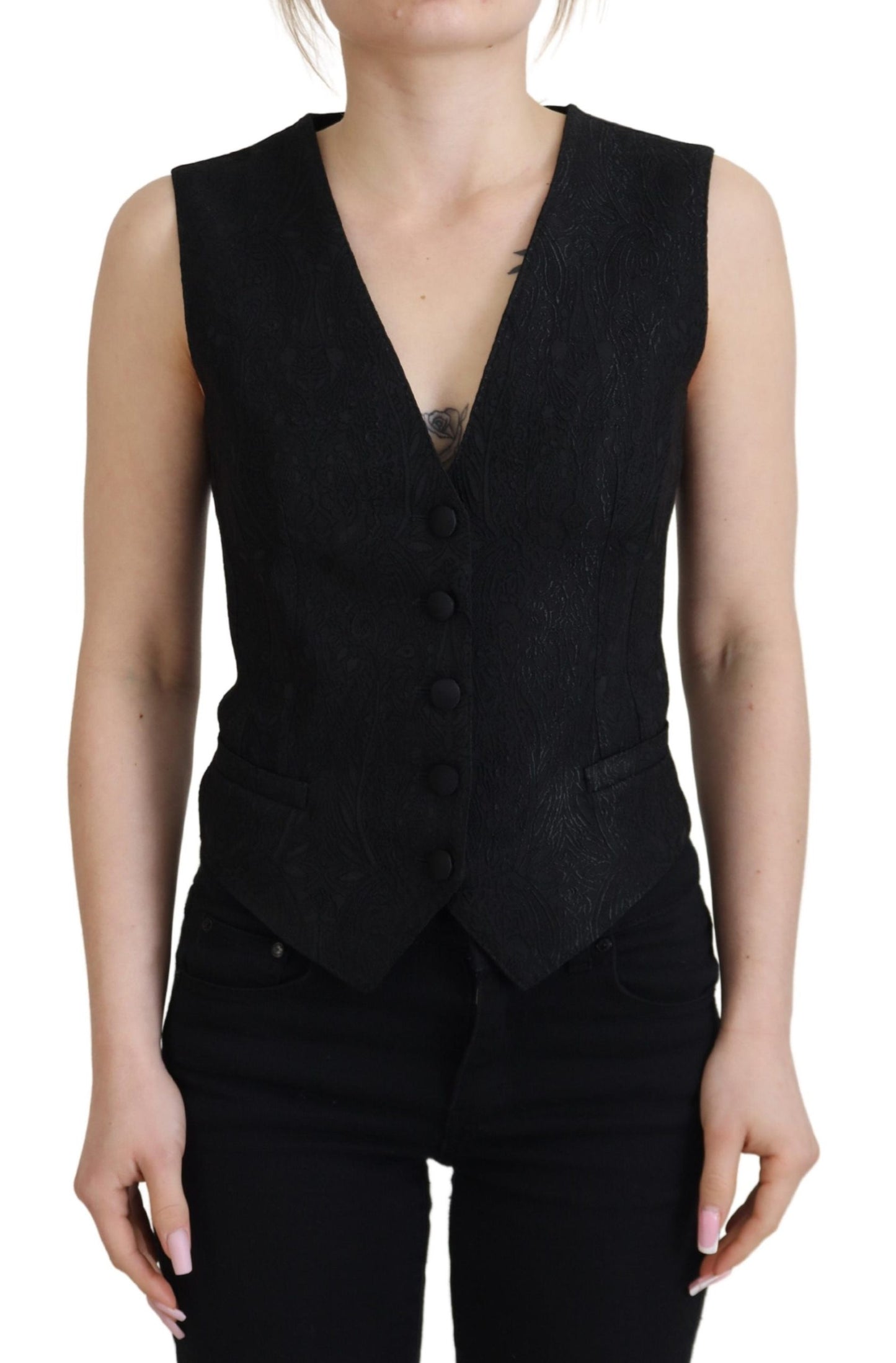 Dolce &amp; Gabbana Black Brocade Button Down Sleeveless Vest Top