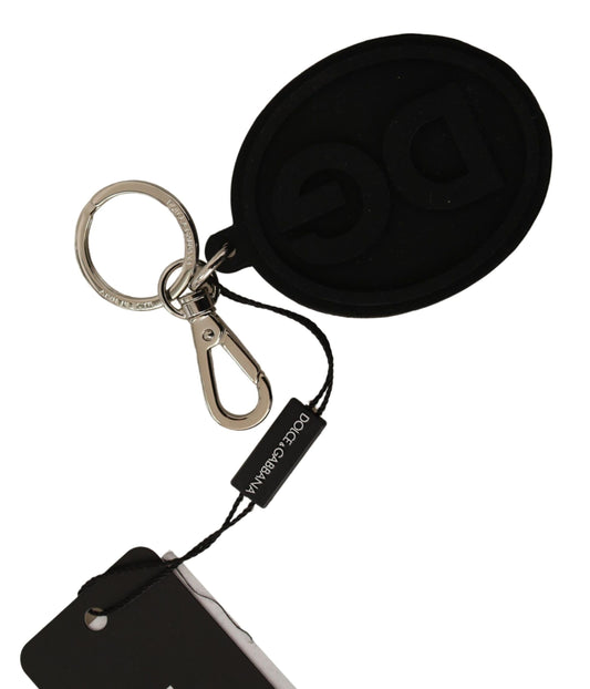 Dolce &amp; Gabbana Black Rubber DG Logo Silver Brass Metal Keychain