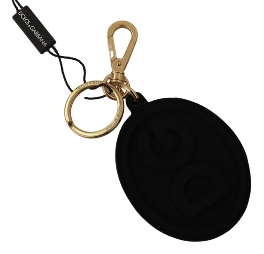 Dolce &amp; Gabbana Black Rubber DG Logo Gold Brass Metal Keyring Keychain