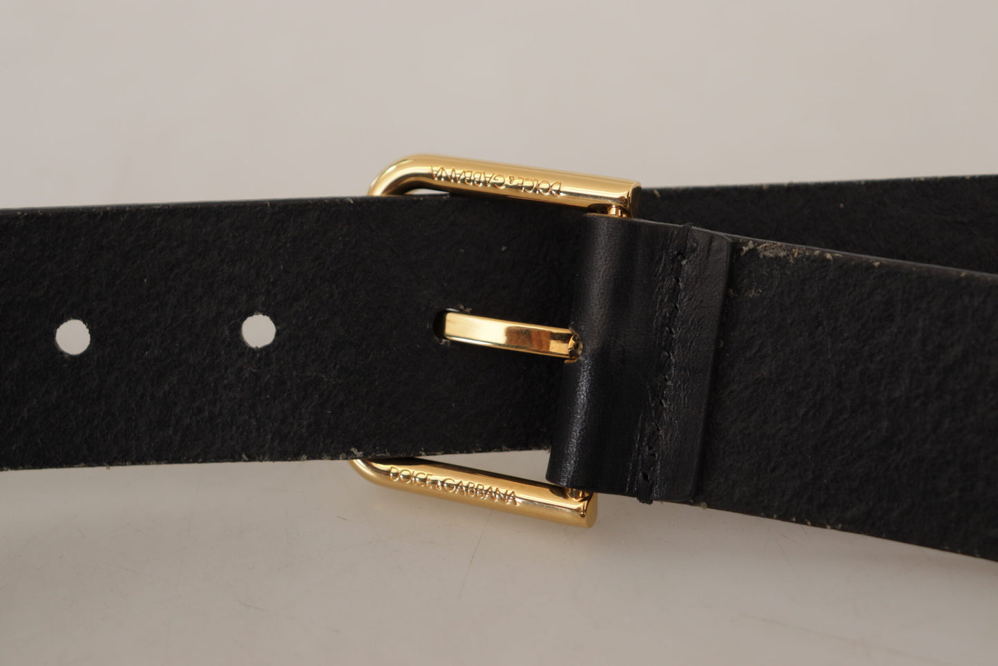 Dolce &amp; Gabbana Black Calf Leather Gold Tone Logo Metal Buckle Belt