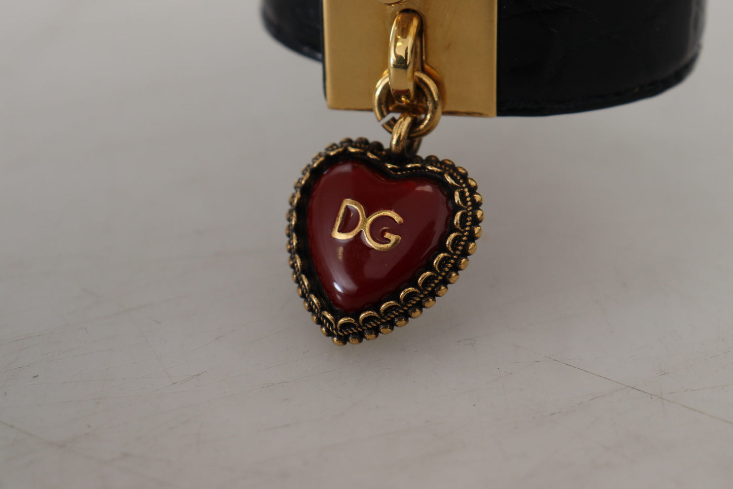 Dolce &amp; Gabbana Black Dauphine Leather DG Heart Key Ring Bracelet