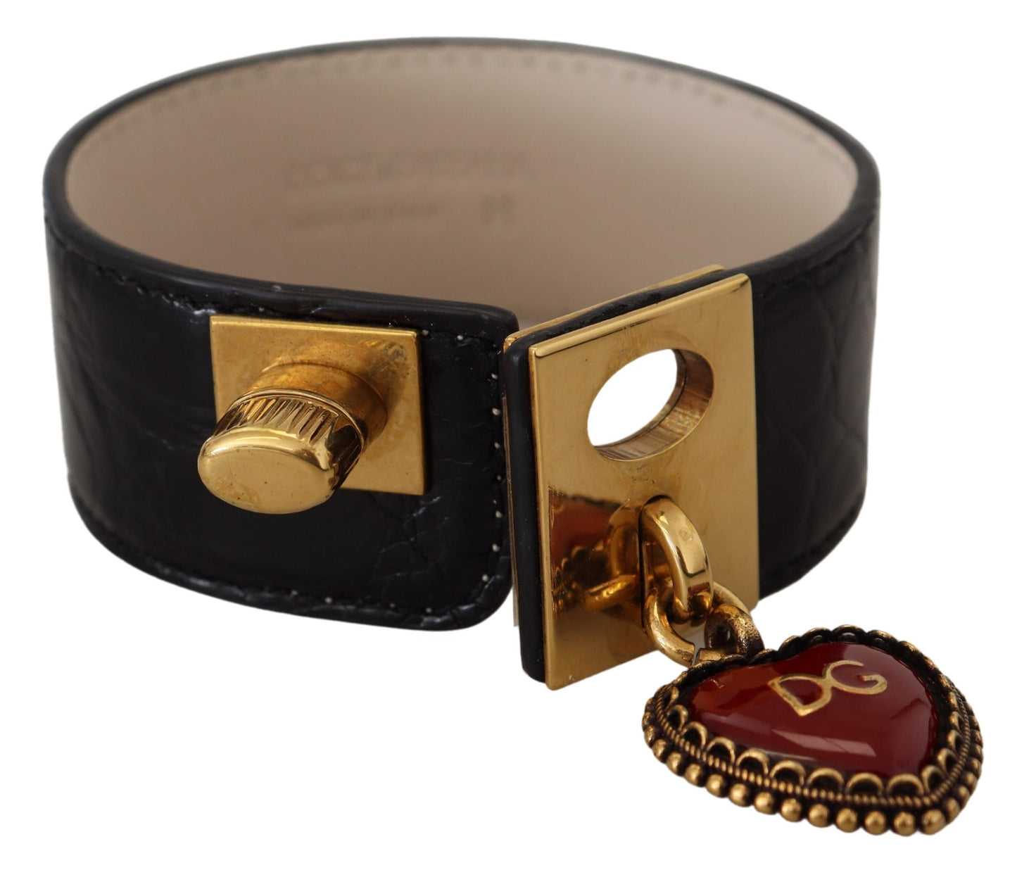 Dolce &amp; Gabbana Black Dauphine Leather DG Heart Key Ring Bracelet