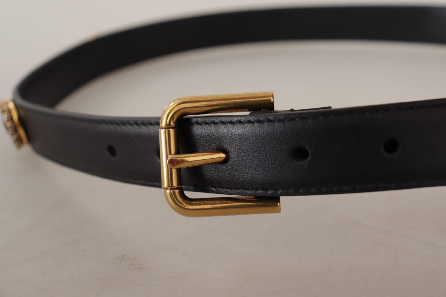 Dolce &amp; Gabbana Black Leather Embellished Crystal Logo Belt