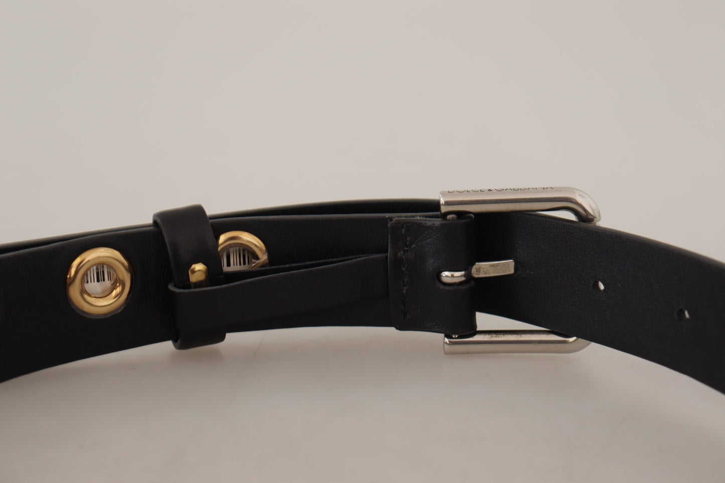 Dolce &amp; Gabbana Black Leather Eyelet Silver Tone Metal Buckle Belt