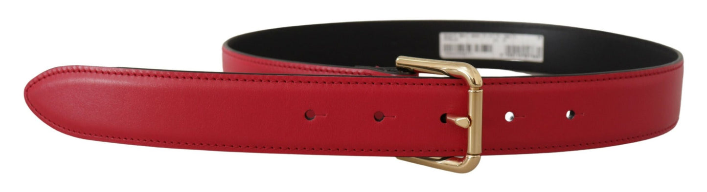 Dolce &amp; Gabbana Red Calf Leather Gold Tone Logo Metal Buckle Belt