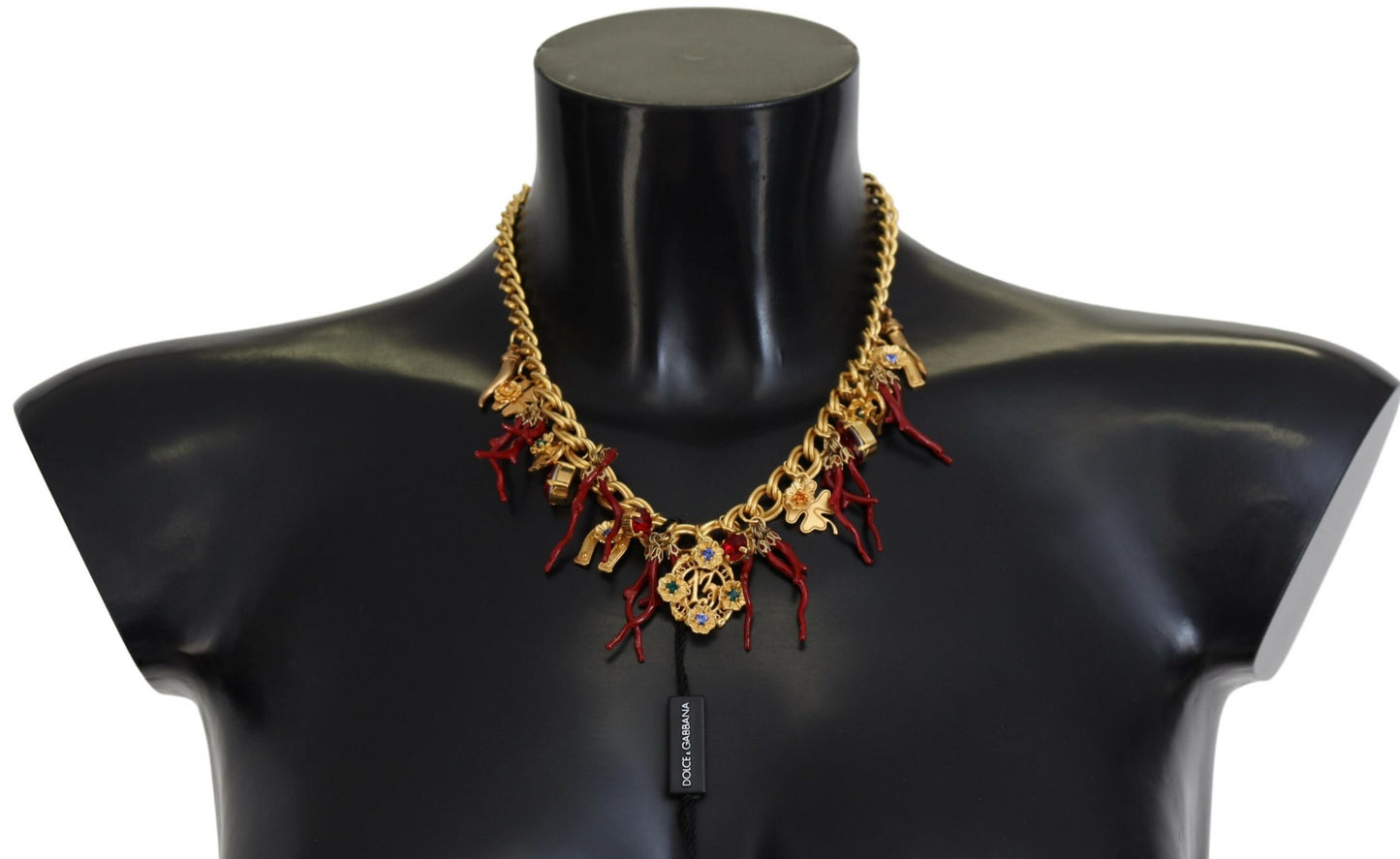 Dolce &amp; Gabbana Gold Brass Crystal Logo Chili Statement Necklace
