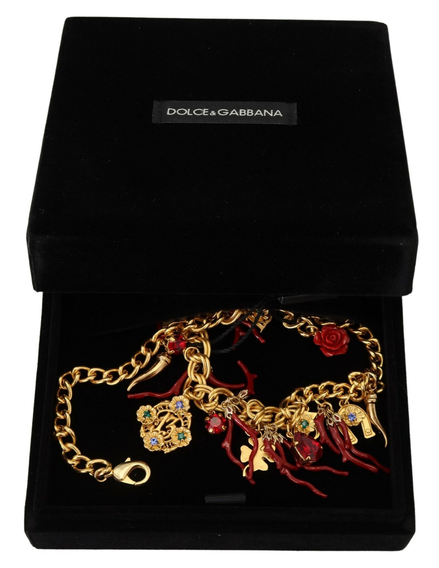 Dolce &amp; Gabbana Gold Brass Crystal Logo Chili Statement Necklace