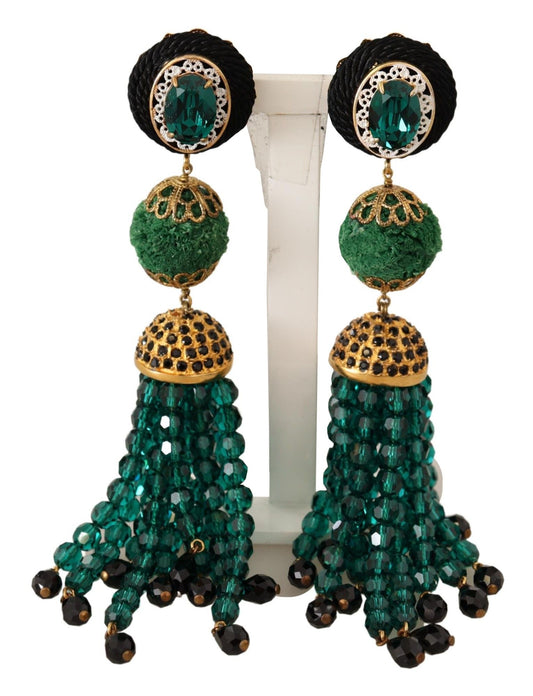 Dolce &amp; Gabbana Green Crystals Gold Tone Drop Clip-on Dangle Earrings