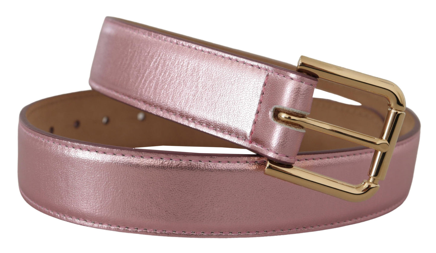 Dolce &amp; Gabbana Metallic Pink Polished Leather Logo Metal Buckle Belt