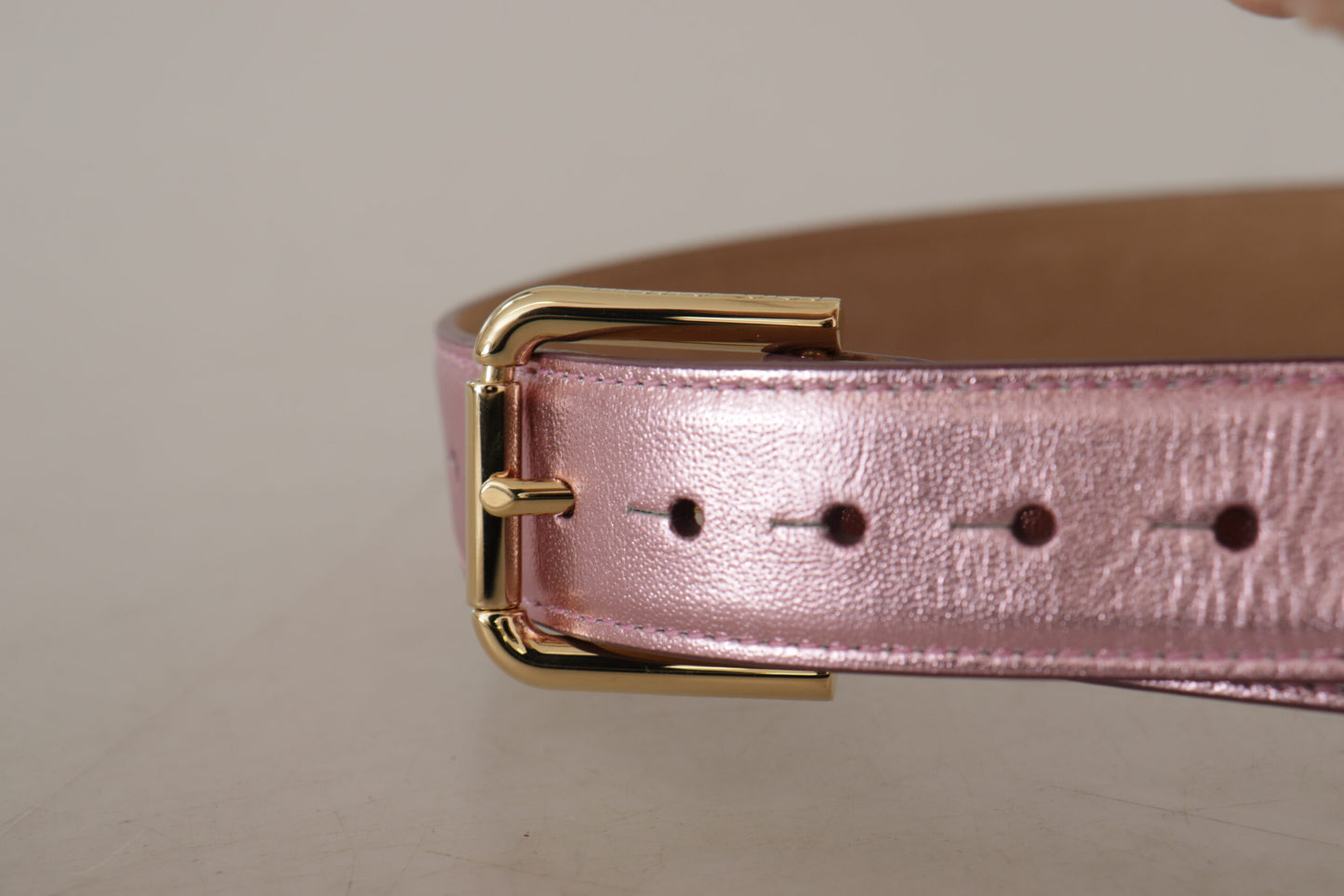 Dolce &amp; Gabbana Metallic Pink Polished Leather Logo Metal Buckle Belt