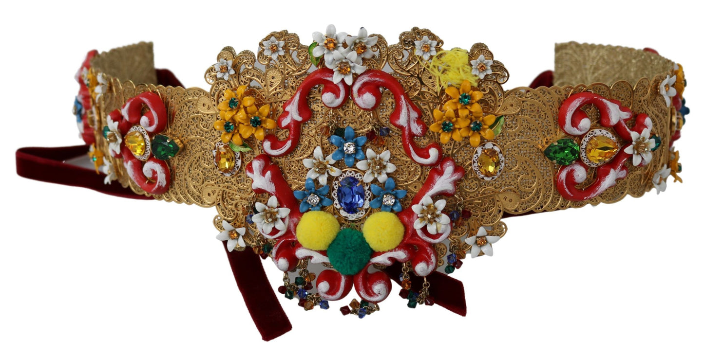 Dolce &amp; Gabbana Taillengürtel mit goldenem Blumenmuster und Kristallverzierung