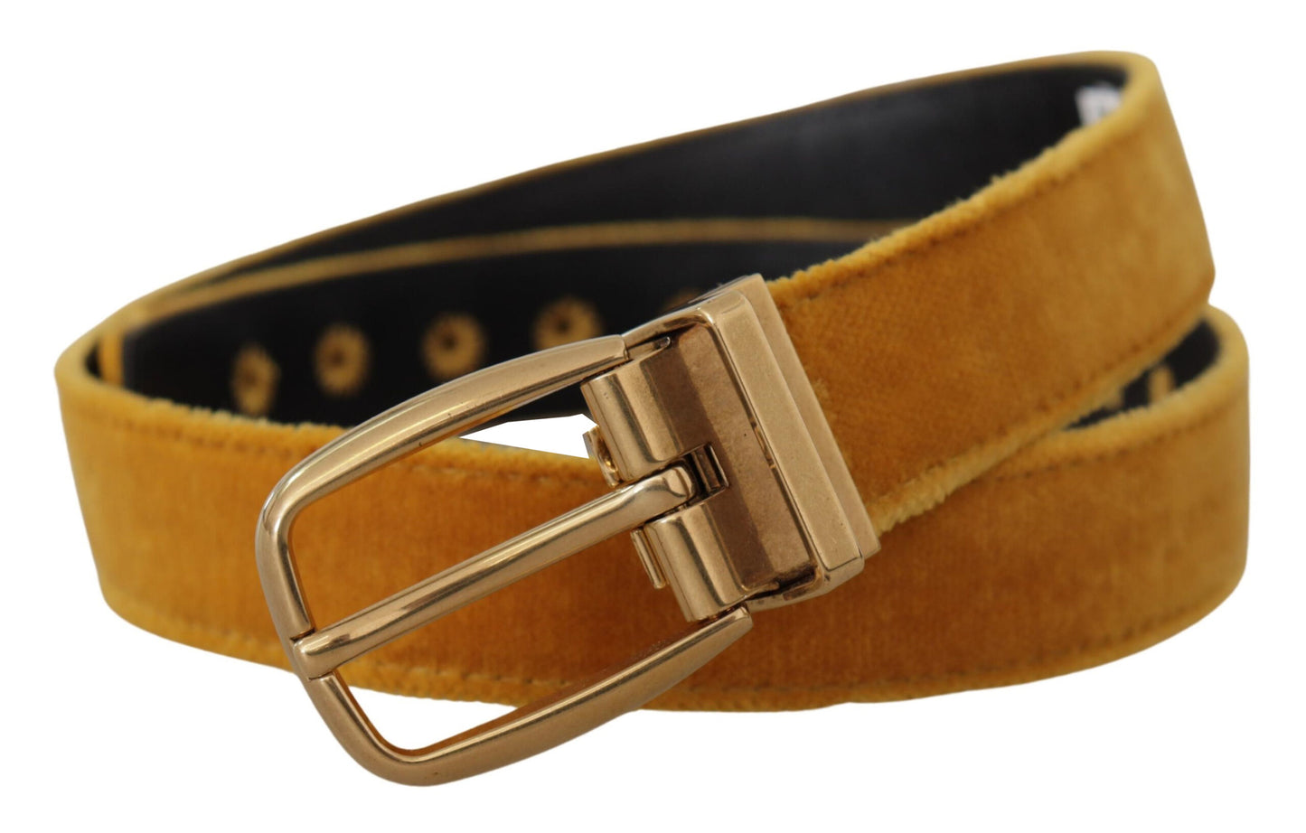 Dolce &amp; Gabbana Mustard Velvet Gold Logo Engraved Metal Buckle Belt