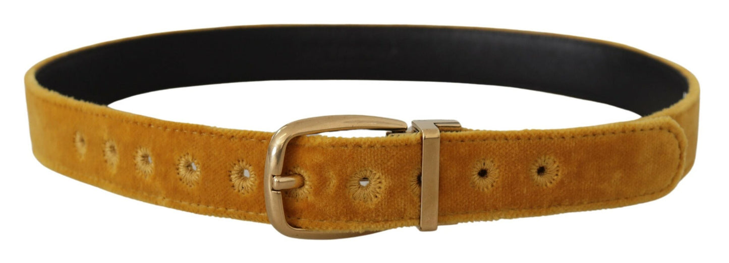 Dolce &amp; Gabbana Mustard Velvet Gold Logo Engraved Metal Buckle Belt