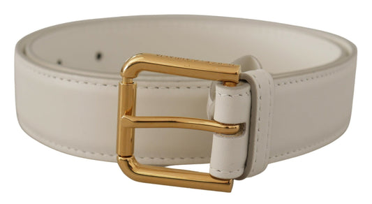 Dolce &amp; Gabbana White Calf Leather Gold Tone Logo Metal Buckle Belt