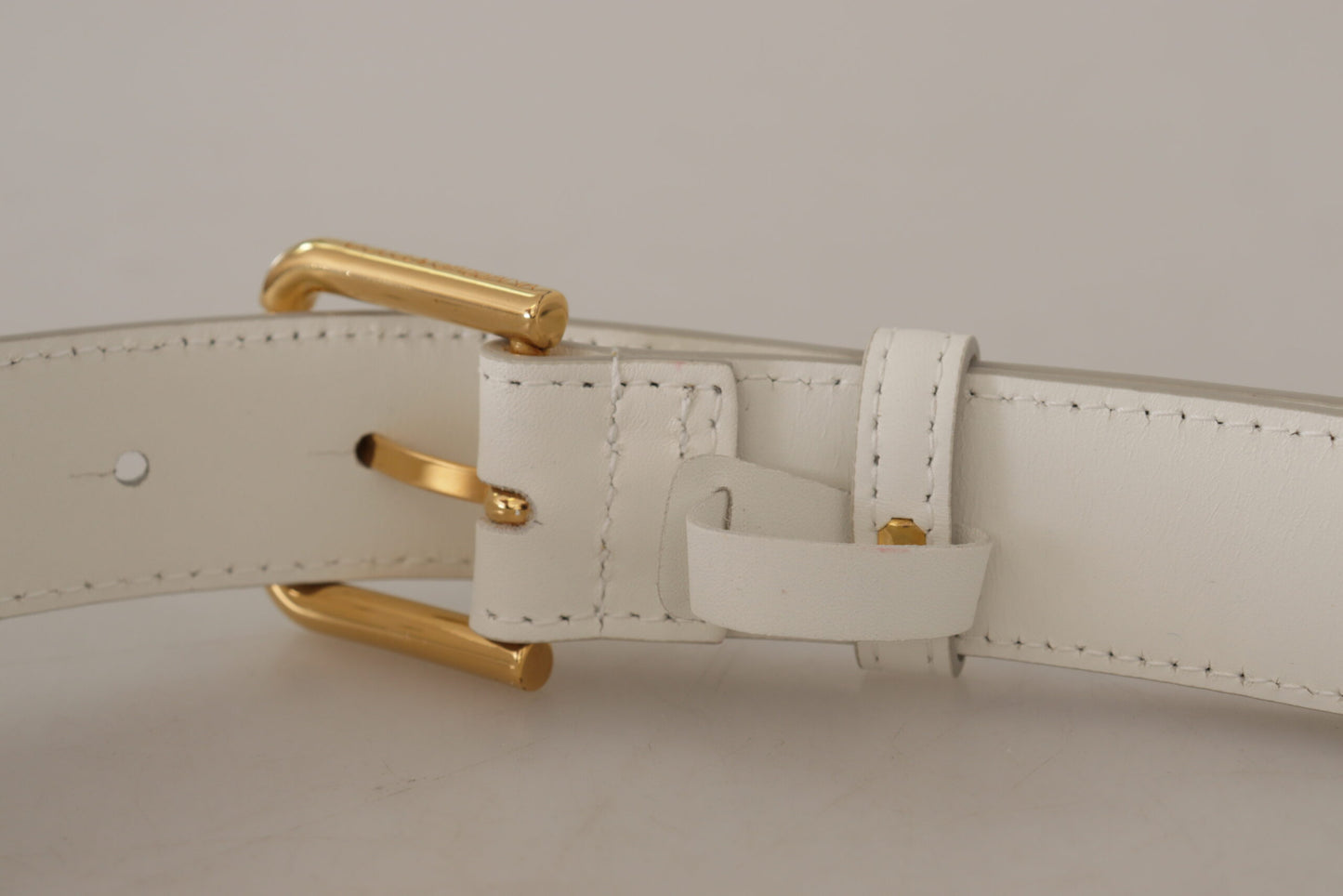 Dolce &amp; Gabbana White Calf Leather Gold Tone Logo Metal Buckle Belt