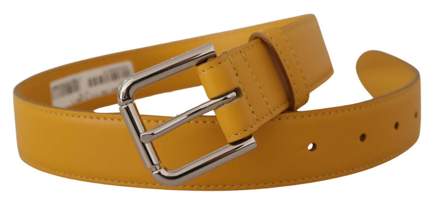 Dolce &amp; Gabbana Yellow Leather Silver Tone Logo Metal Buckle Belt