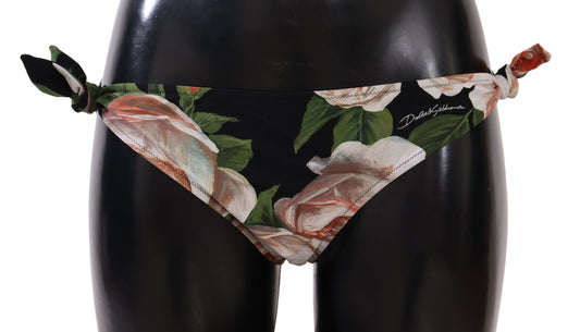 Dolce &amp; Gabbana Black Roses Print Swimsuit Bikini Bottom Swimwear