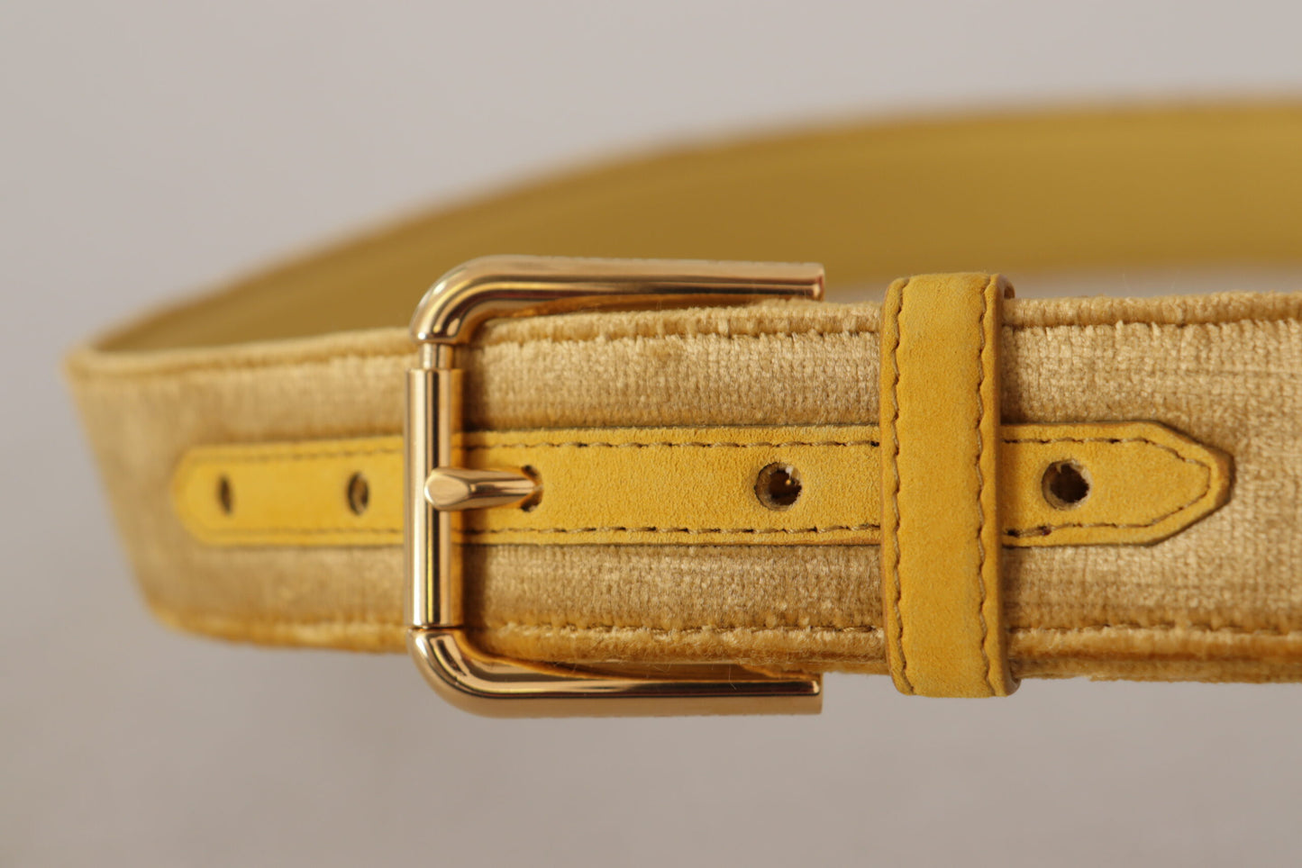 Dolce &amp; Gabbana Yellow Velvet Gold Metal Logo Engraved Buckle Belt