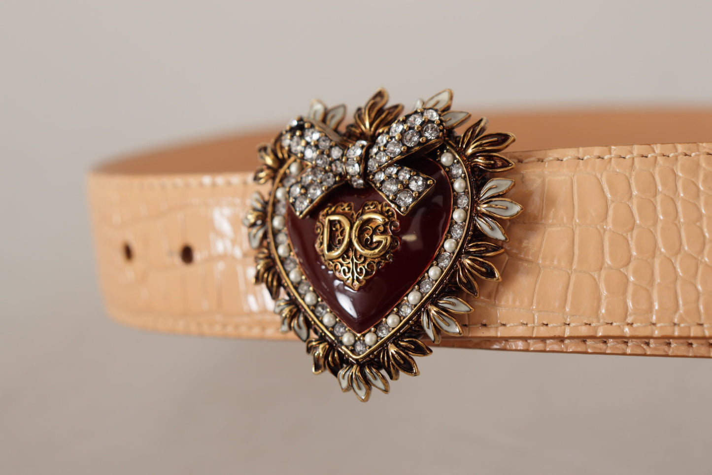 Dolce &amp; Gabbana Beige Croc Pattern DEVOTION Heart DG Waist Buckle Belt