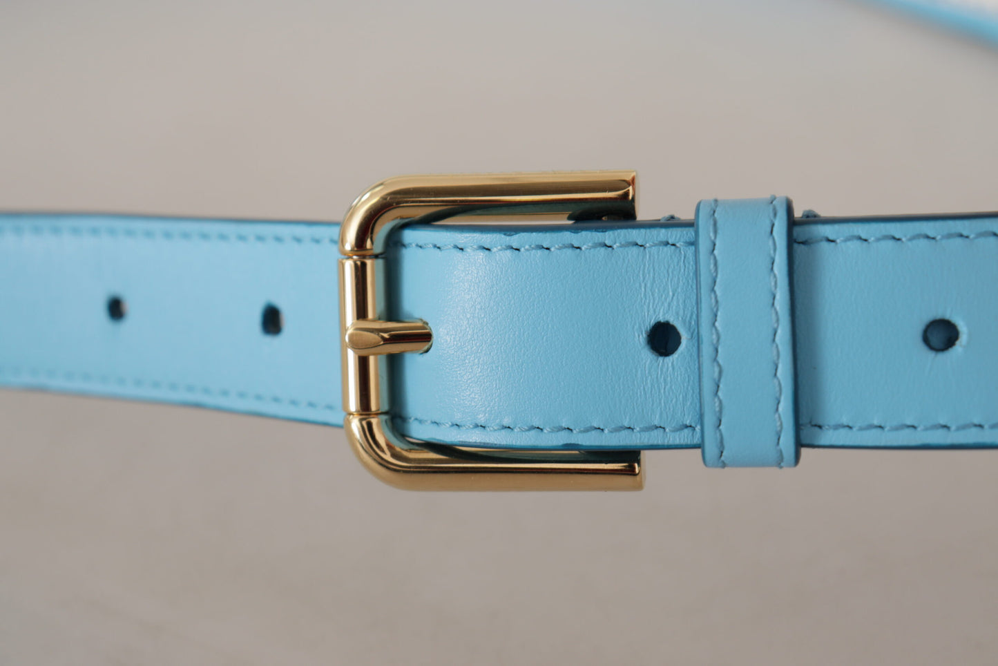 Dolce &amp; Gabbana Sky Blue Leather Gold Tone Metal Logo Buckle Belt