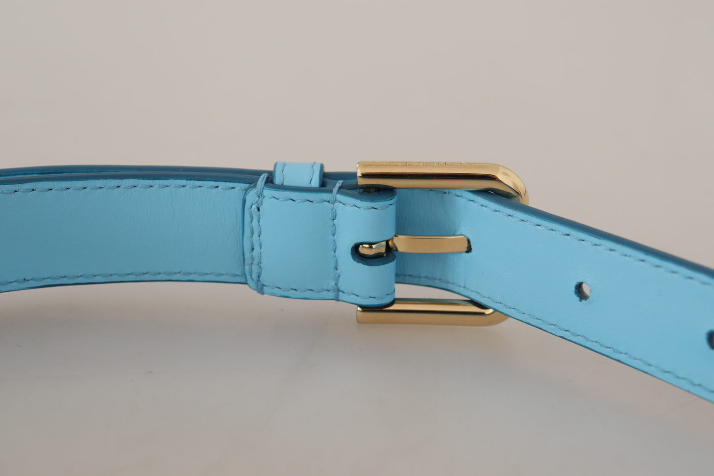 Dolce &amp; Gabbana Sky Blue Leather Gold Tone Metal Logo Buckle Belt