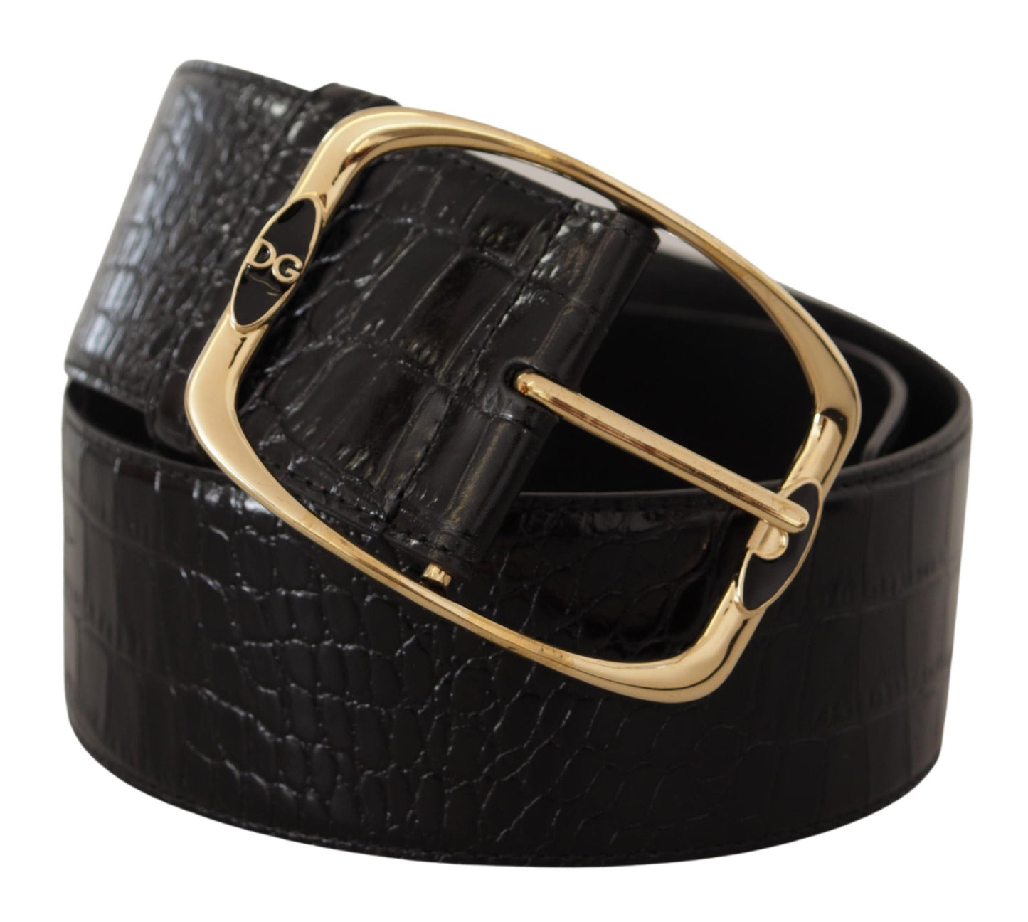 Dolce &amp; Gabbana Black Crocodile Print Gold Metal DG Logo Buckle Belt
