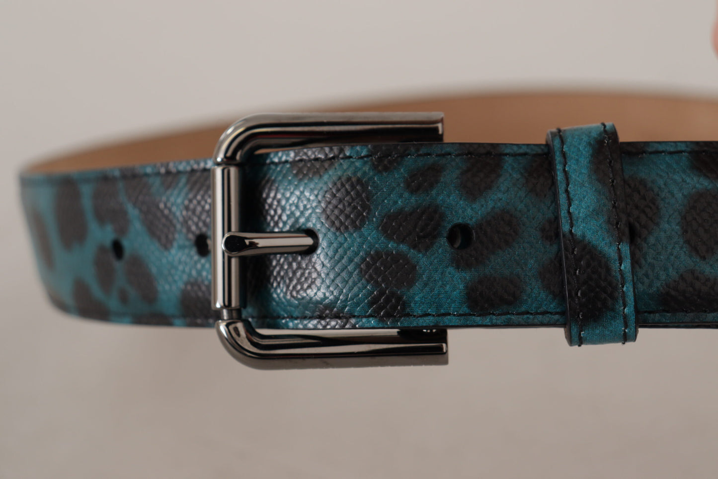 Dolce &amp; Gabbana Blue Green Leopard Print Logo Metal Waist Buckle Belt