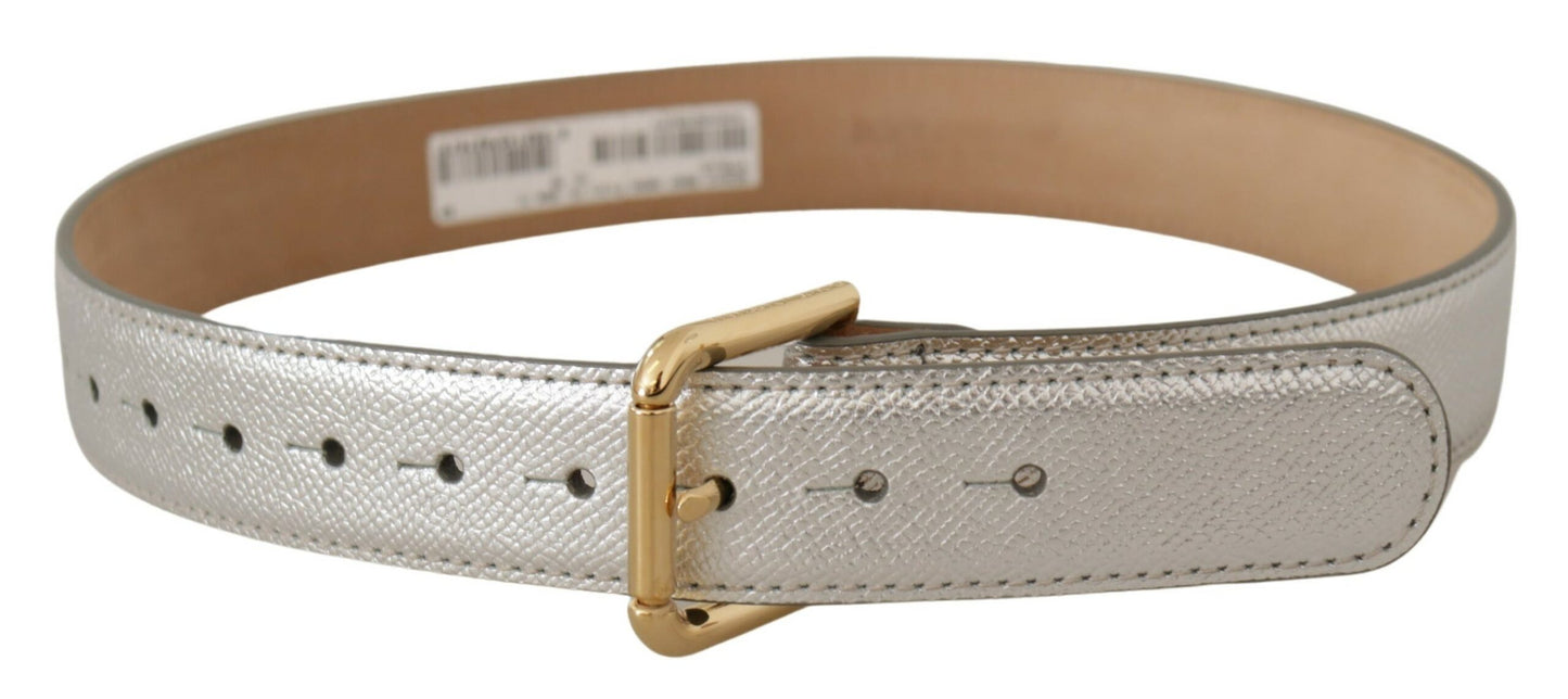 Dolce &amp; Gabbana Silver Leather Gold Tone Logo Metal Waist Buckle Belt