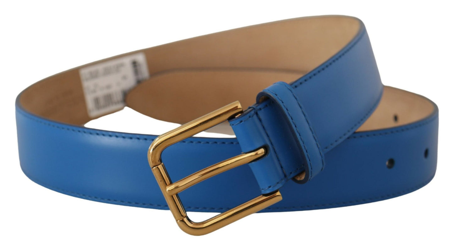 Dolce &amp; Gabbana Blue Leather Gold Tone Logo Metal Waist Buckle Belt