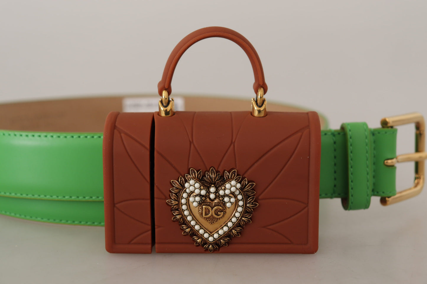 Dolce &amp; Gabbana Green Leather Devotion Heart Micro Bag Headphones Belt