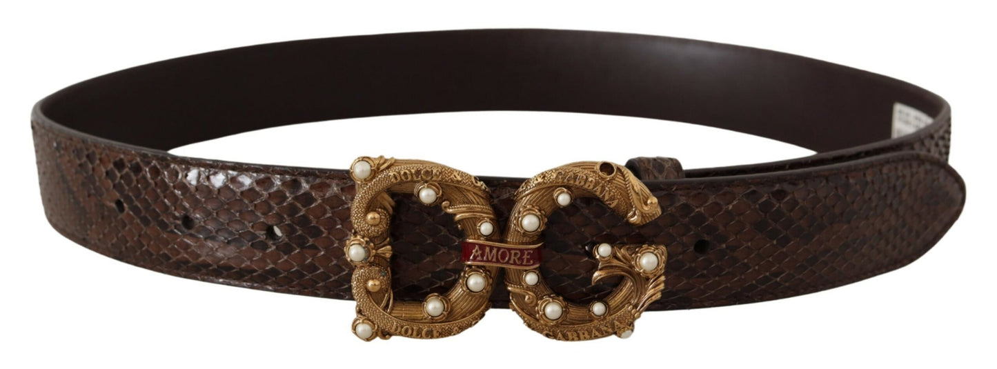 Dolce &amp; Gabbana Brown Amore Animal Print Exotic Leather Logo Buckle Belt