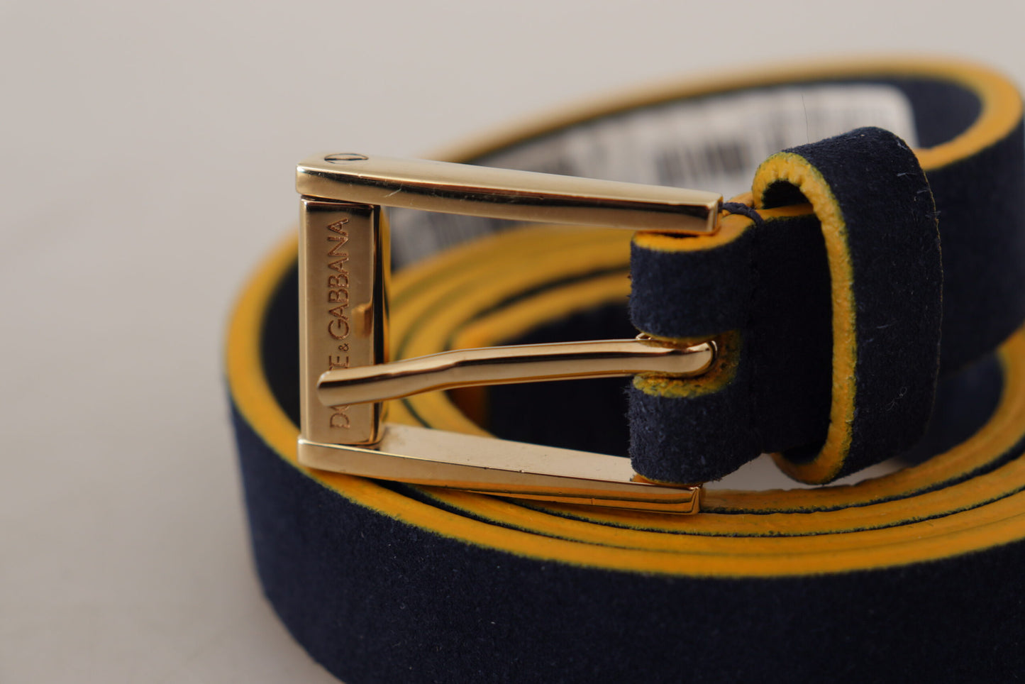 Dolce &amp; Gabbana Blue Suede Yellow Gold Metal Logo Buckle Belt