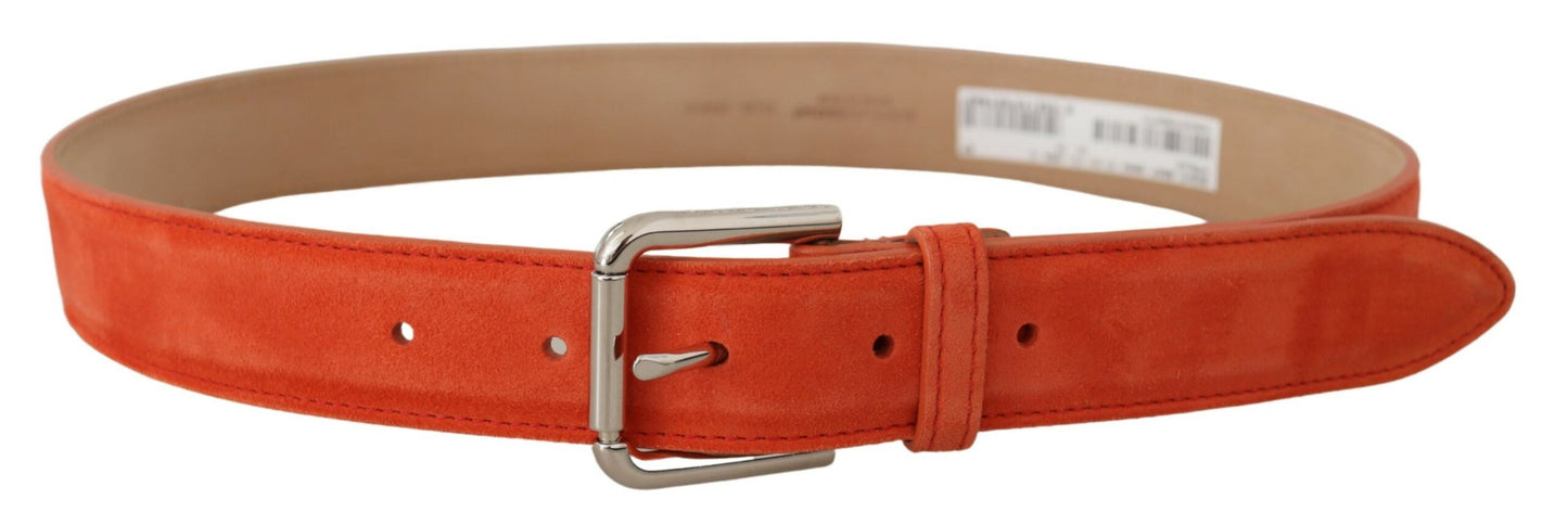 Dolce &amp; Gabbana Orange Leather Suede Silver Logo Metal Buckle Belt