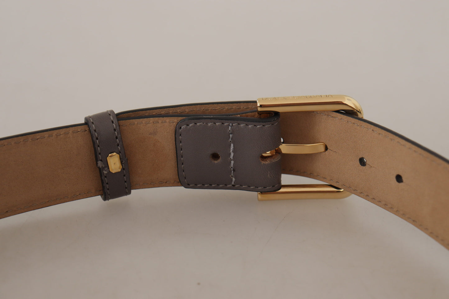 Dolce &amp; Gabbana Gray Calfskin Leather Gold Metal Logo Buckle Belt