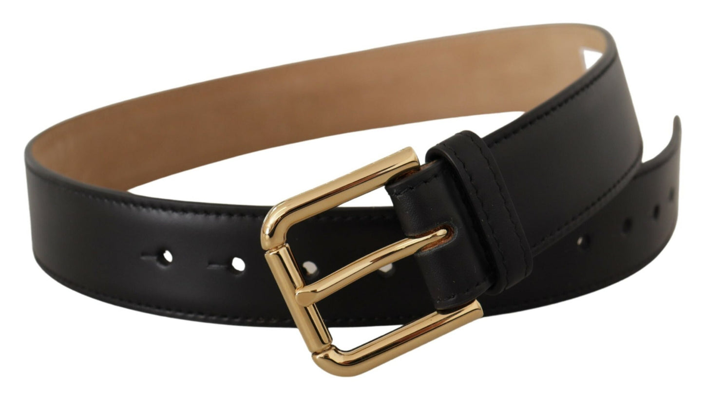 Dolce &amp; Gabbana Black Solid Leather Classic Gold Waist Buckle Belt