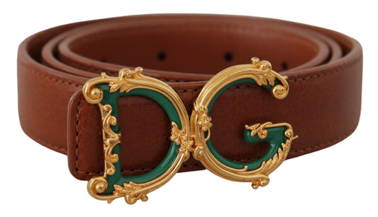Dolce &amp; Gabbana Brown Leather Baroque Gold DG Logo Waist Buckle Belt