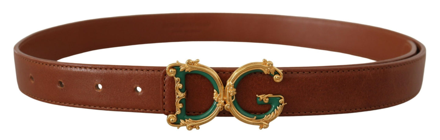 Dolce &amp; Gabbana Brown Leather Baroque Gold DG Logo Waist Buckle Belt