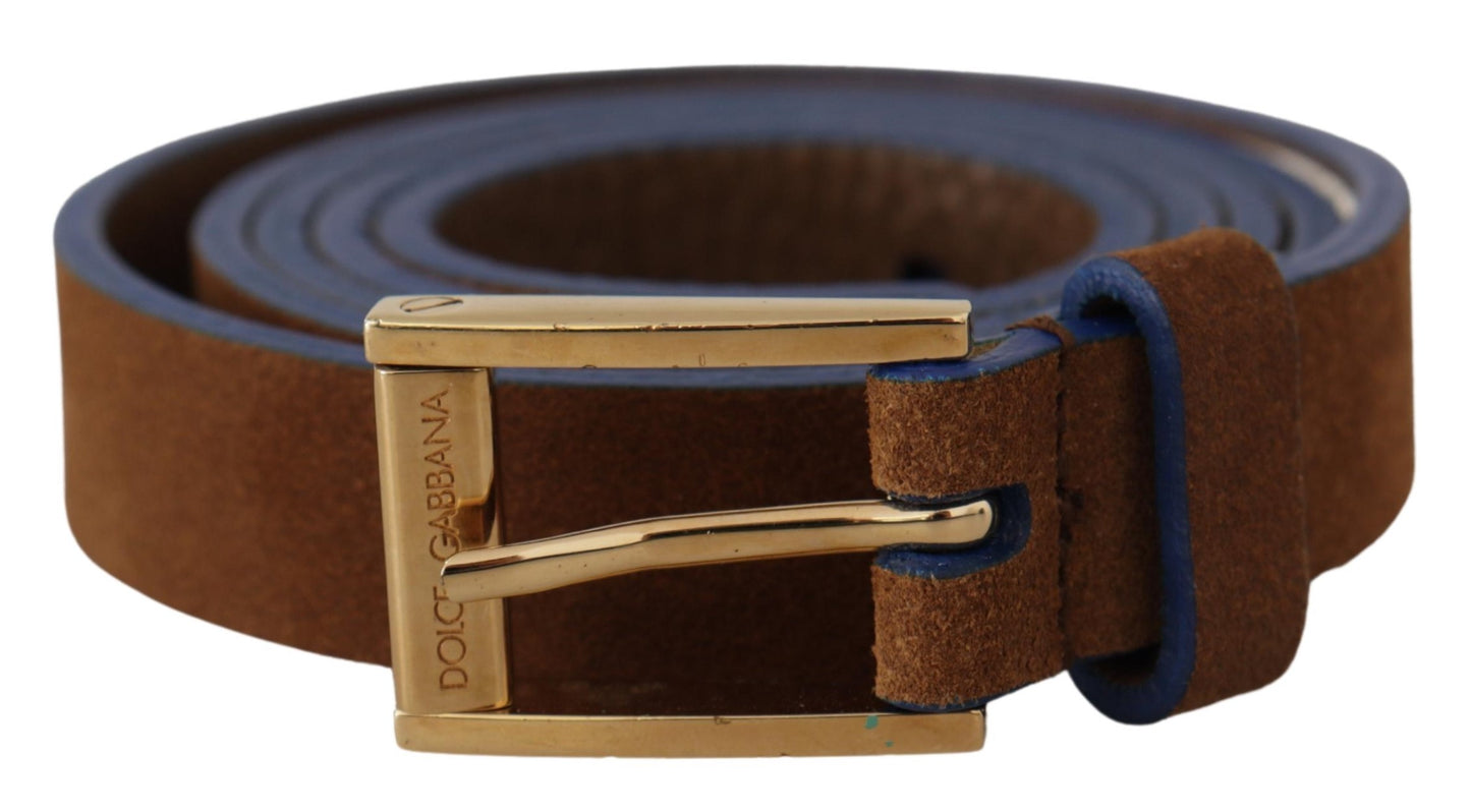 Dolce &amp; Gabbana Dark Brown Blue Leather Gold Metal Buckle Belt