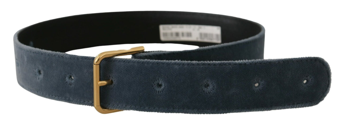Dolce &amp; Gabbana Navy Blue Velvet Gold Metal Logo Waist Buckle Belt