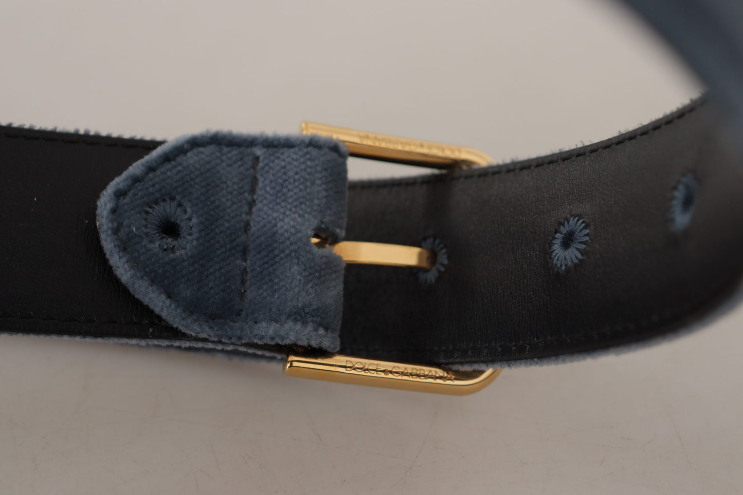 Dolce &amp; Gabbana Navy Blue Velvet Gold Metal Logo Waist Buckle Belt