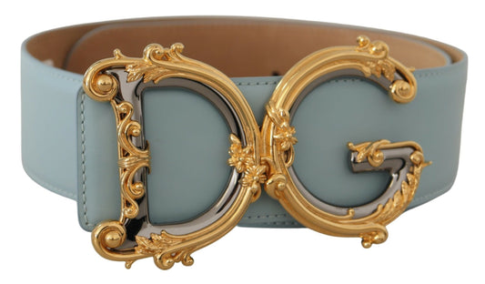 Dolce &amp; Gabbana Blue Leather Wide Waist DG Logo Baroque Gold Buckle Belt