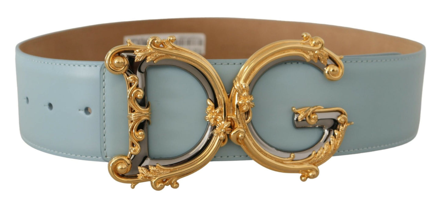 Dolce &amp; Gabbana Blue Leather Wide Waist DG Logo Baroque Gold Buckle Belt