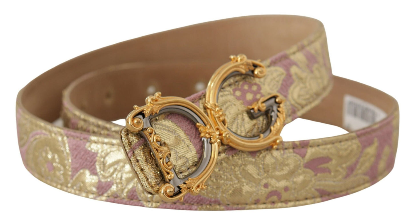 Dolce &amp; Gabbana Rose Pink Jacquard DG Logo Gold Metal Buckle Belt
