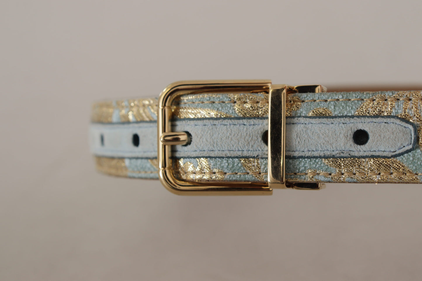 Dolce &amp; Gabbana Blue Leather Jacquard Embossed Gold Metal Buckle Belt