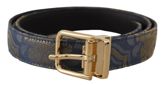 Dolce &amp; Gabbana Navy Blue Jacquard Gold Tone Logo Metal Buckle Belt