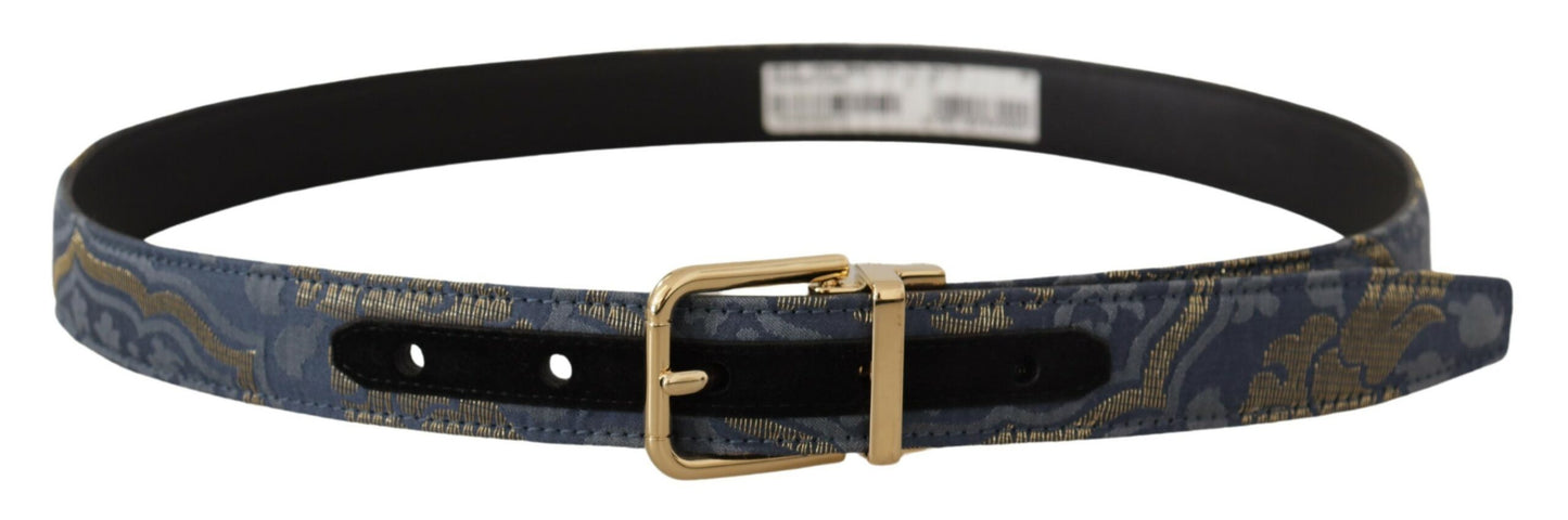 Dolce &amp; Gabbana Navy Blue Jacquard Gold Tone Logo Metal Buckle Belt