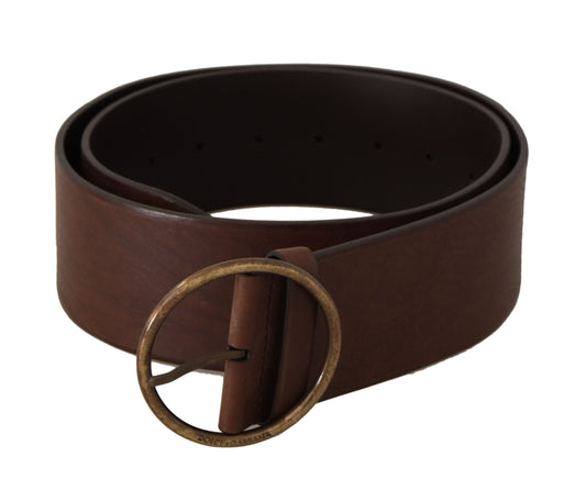 Dolce &amp; Gabbana Brown Leather Wide Waist Logo Metal Round Buckle Belt