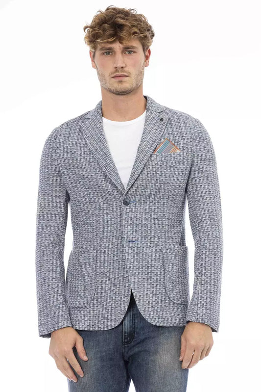 District12 Elegant Blue Fabric Jacket with Front Pockets